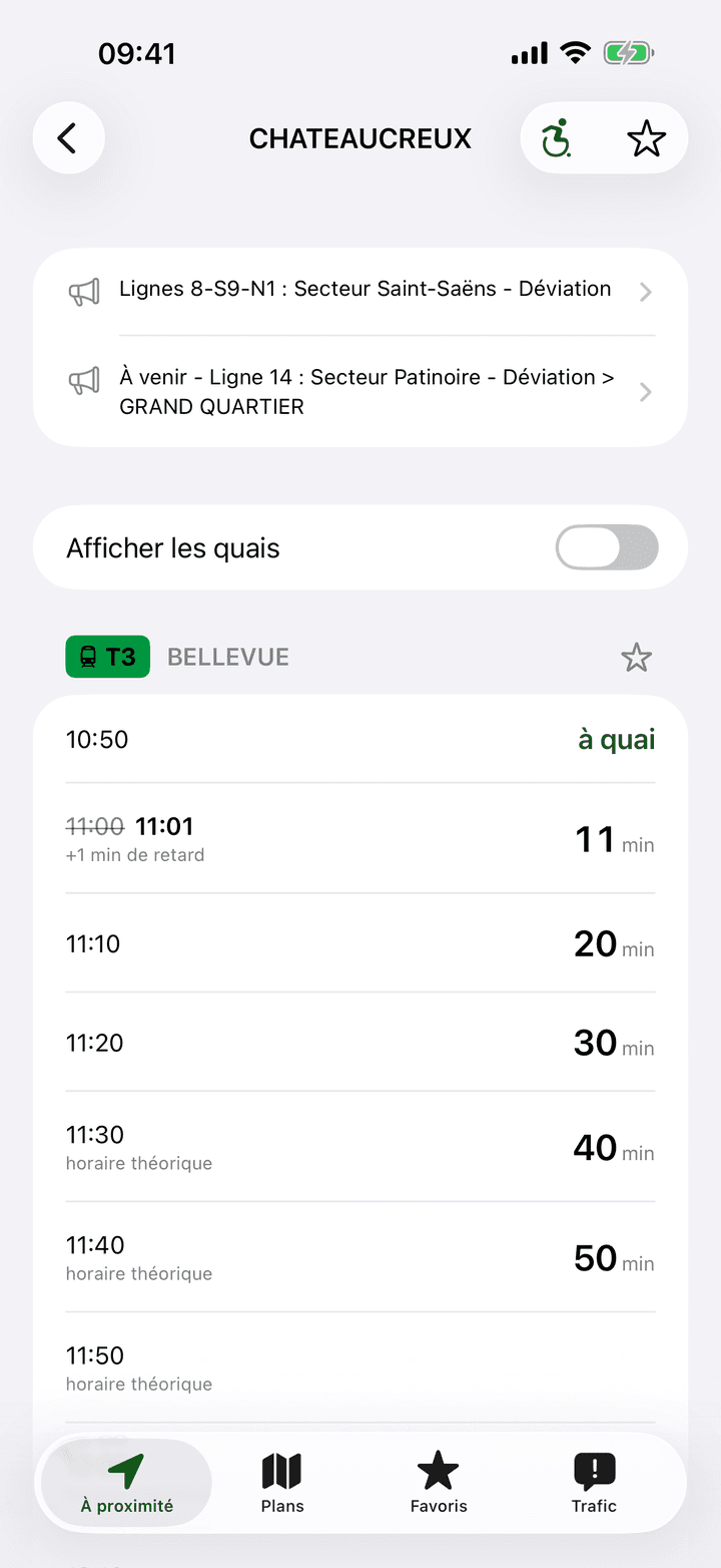 Écran des passages d'un arrêt
